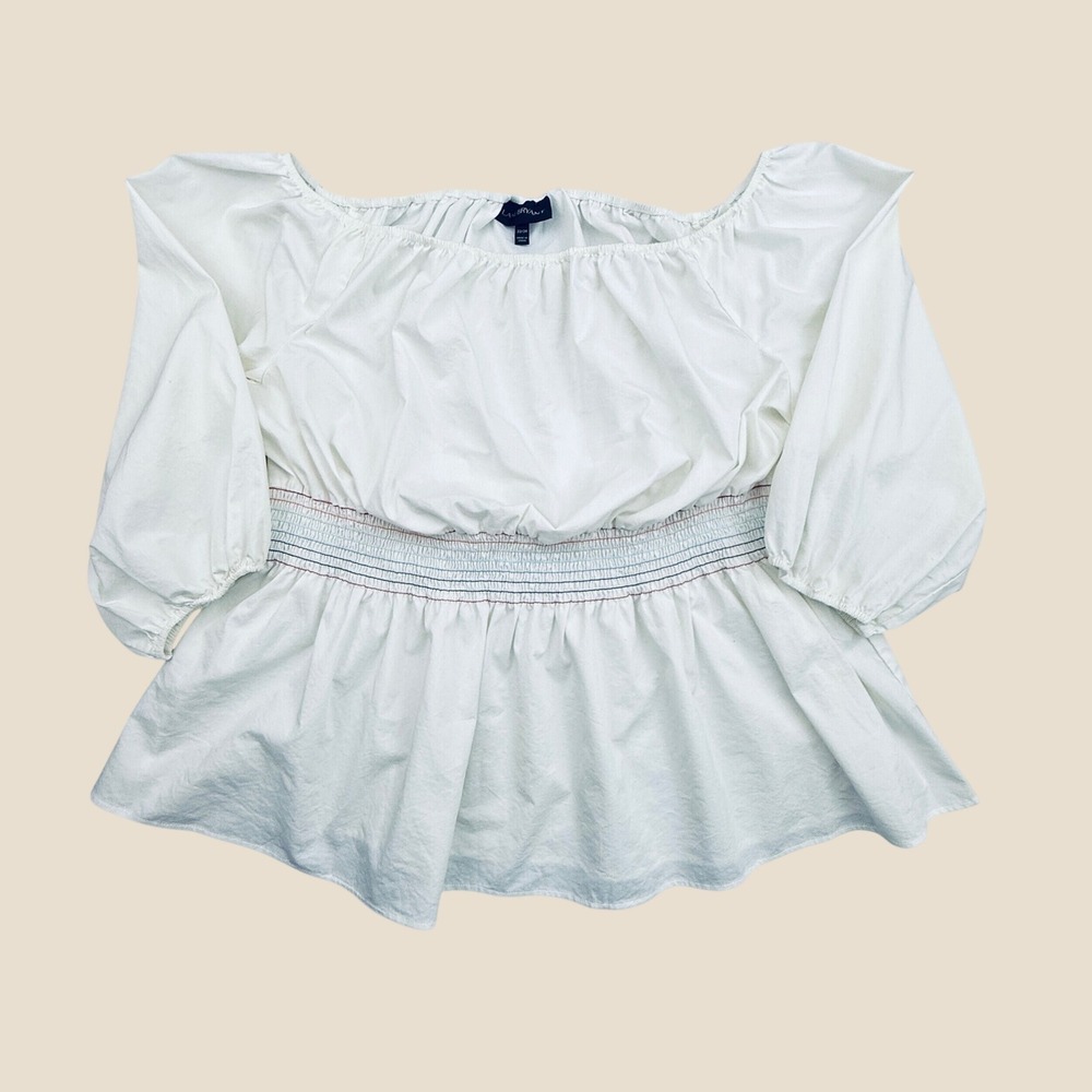 Lane Bryant Peplum Top Women 22/24 White Smocked Off Shoulder Balloon Sleeve